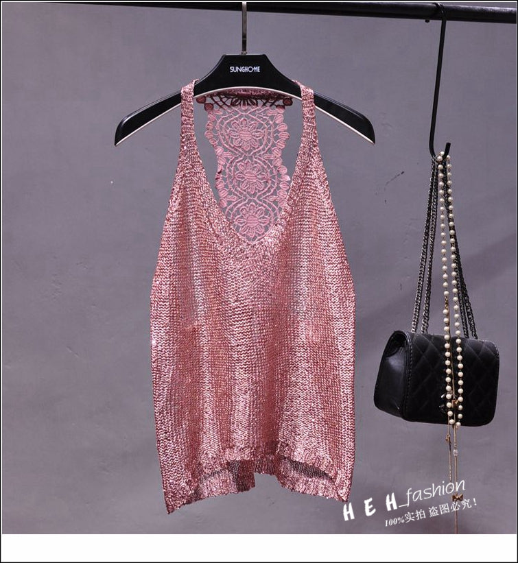 Yan Li  Sexy Shoulders and Heart Leakage Hang Sequined Jacket Neck Lace Knitting Wear Outside Hang Back  Sleeveless Top Women
