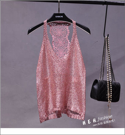 Yan Li  Sexy Shoulders and Heart Leakage Hang Sequined Jacket Neck Lace Knitting Wear Outside Hang Back  Sleeveless Top Women