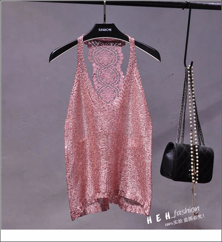 Yan Li  Sexy Shoulders and Heart Leakage Hang Sequined Jacket Neck Lace Knitting Wear Outside Hang Back  Sleeveless Top Women
