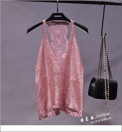 Yan Li  Sexy Shoulders and Heart Leakage Hang Sequined Jacket Neck Lace Knitting Wear Outside Hang Back  Sleeveless Top Women