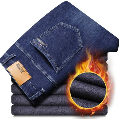 Winter New Men's Warm Blue Black Slim Jeans Classic Style Stretch Slim Fit Thick Pants Fashion Trousers Male Brand