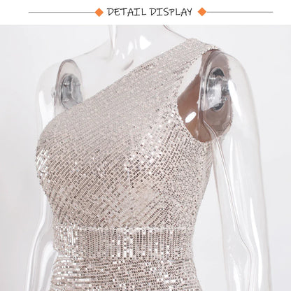 Vestido de Festa de Um Ombro Plissado Vazado com Fenda e Lantejoulas Sem Mangas para Mulheres Vestidos de Noite de Baile Verão 2025