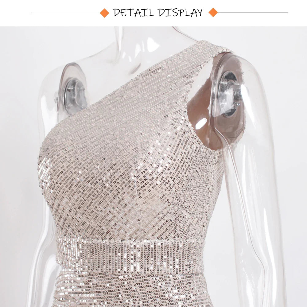 Silver One Shoulder Hollow Out Sequin Cocktail Dress Luxury Pleated Slit Padded Sleeveless Women Party Evening Dresses