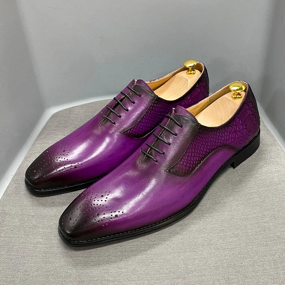 Luxury Men's Genuine Leather Oxford Shoes Snake Skin Print Black/Purple Lace-Up Square Toe Formal Dress Shoes