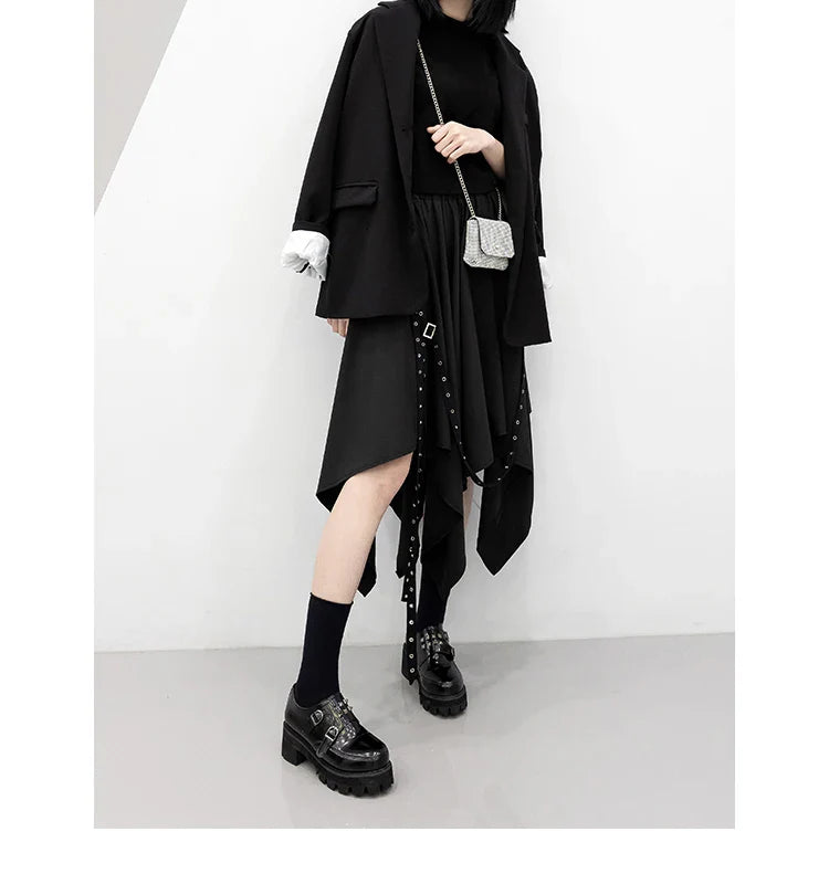 Irregular Skirt Girl's New Dark Tie Street Punk Wind Weave Buckle Medium-length Y2k Gothic Long Skirt
