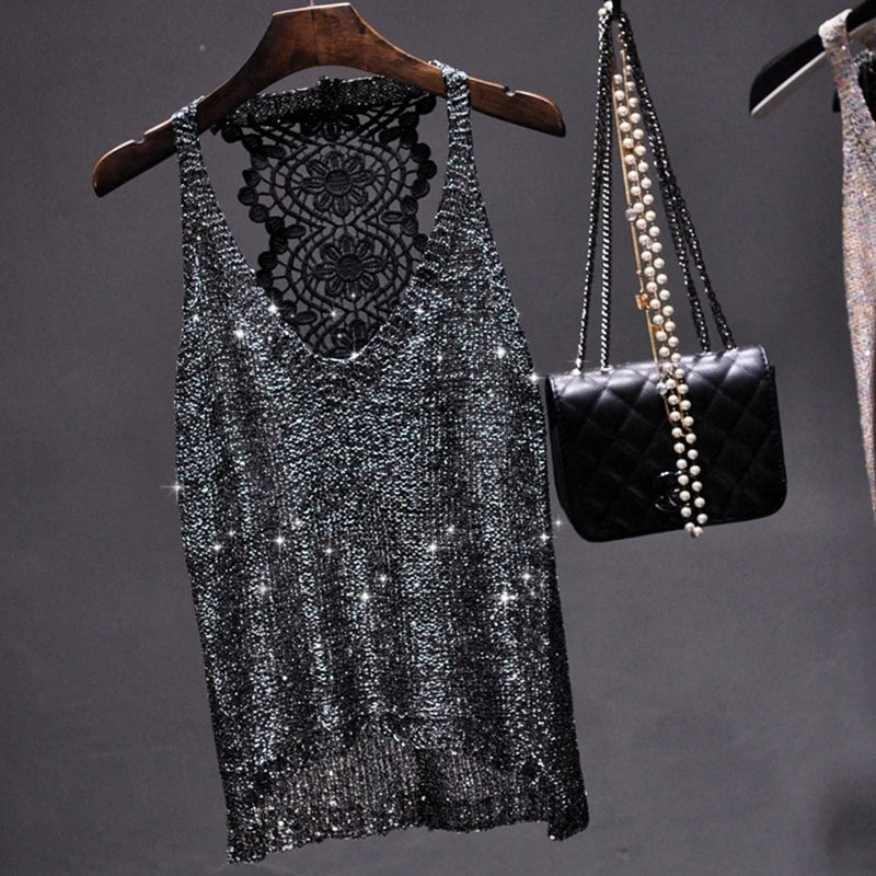 Yan Li  Sexy Shoulders and Heart Leakage Hang Sequined Jacket Neck Lace Knitting Wear Outside Hang Back  Sleeveless Top Women