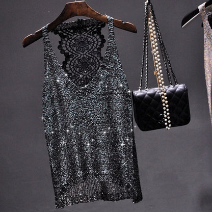 Yan Li  Sexy Shoulders and Heart Leakage Hang Sequined Jacket Neck Lace Knitting Wear Outside Hang Back  Sleeveless Top Women