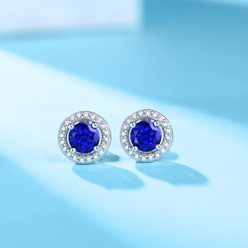5mm Round Sapphire Halo Earrings for Women 100% 925 Sterling Silver Wedding Stud Earrings Fine Jewelry Plated White Gold Gift
