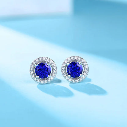 5mm Round Sapphire Halo Earrings for Women 100% 925 Sterling Silver Wedding Stud Earrings Fine Jewelry Plated White Gold Gift