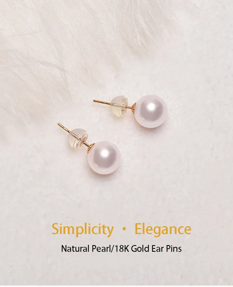 Real 18K Gold Earrings for Women Pure AU750 Natural Freshwater Pearl Earrings Simple Fashionable Fine Jewelry Gift