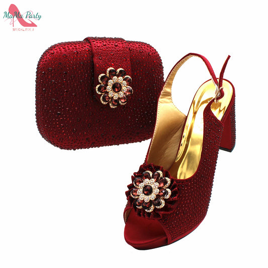 Wine Color New Design Nigerian Women Shoes and Bag Set Decorate with Rhinestone High Quality Pumps for Christmas Party