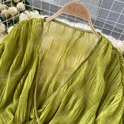 Summer Sexy Draped Chiffon Blouse For Women Elegant V-Neck Puff Long Sleeve Short Tops Female Slim Party Shirts 2022 New Fashion