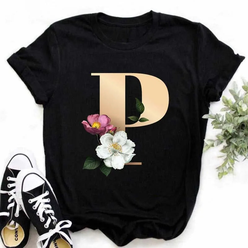 A B C D E English Alphabet Print T Shirt Women New Summer Couples Lovers Female T-Shirt Harajuku Casual Black Tops Tshirts