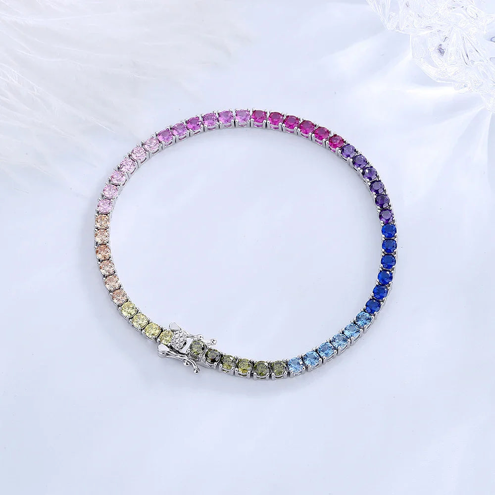 Pure Silver 14-21 cm Tennis Bracelet Pave 3 mm Bling Rainbow Zircon Beautiful Real 925 Jewelry For Women