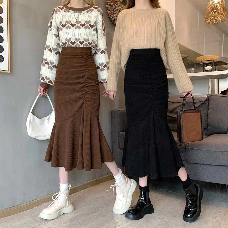Lucyever Fashion High Waist Midi Skirts for Women 2025 Spring Slim Fit  Hip Mermaid Skirt Woman Korean Ruffles Brown Skirts 2XL
