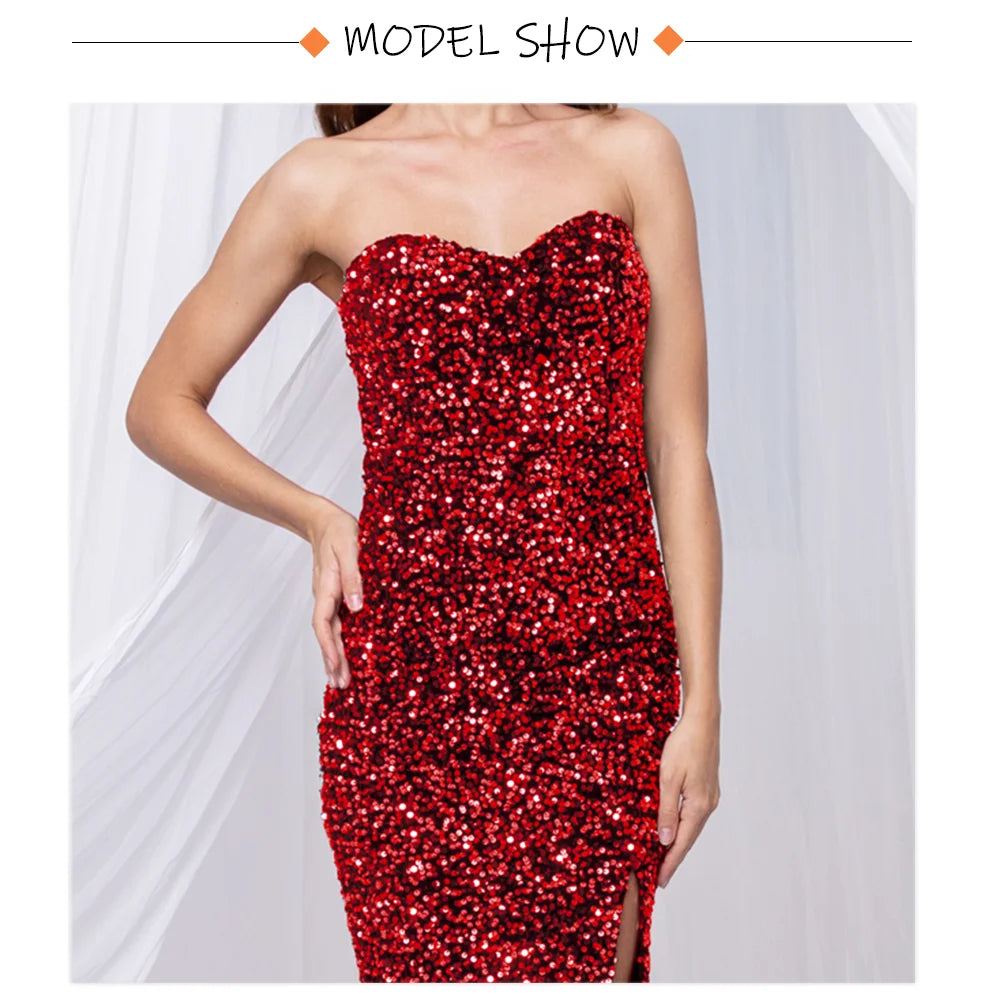 Luxury Sequin Strapless Evening Party Dresses Stretch Velvet Sexy Slit Leg Padded Long Cocktail Prom Dress Wedding Gown