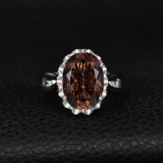 Large 5.7ct Genuine Oval Smoky Quartz 925 Sterling Silver Big Gemstone Cocktail Statement Rings for Women Jewelry