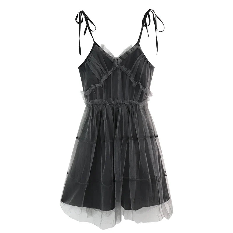 Dark Gothic Elegant Dress Women Emo Alt Vintage Mesh Patchwork Lace Up High Waist Dress Y2k Harajuku Mall Goth Partywear