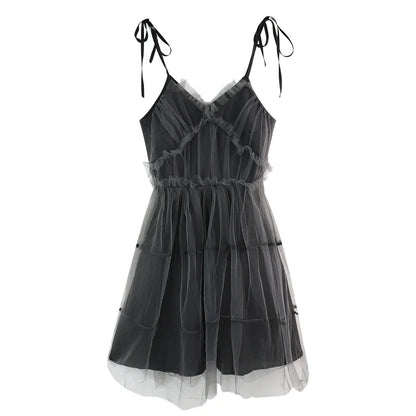 Dark Gothic Elegant Dress Women Emo Alt Vintage Mesh Patchwork Lace Up High Waist Dress Y2k Harajuku Mall Goth Partywear