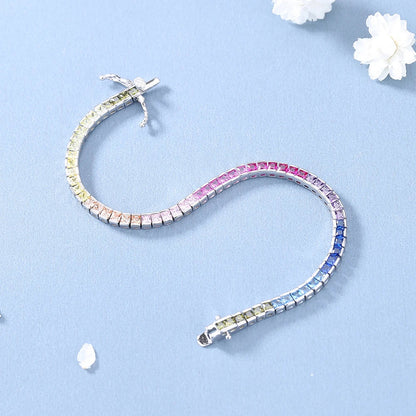 Pure Silver 17.5 CM Tennis Bracelet 4 mm Wide Square Chain With Full 2.5*2.5mm Bling Rainbow Zircon Real 925 Jewelry For Women