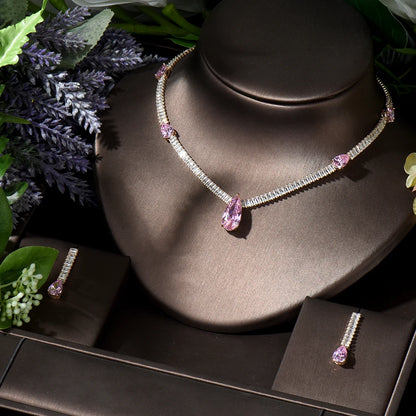 New Arrivial 2pcs Water Drop Multicolor Necklace and Earring Set Cubic Zirconia Nigeria Women Wedding Jewelry Sets N-394