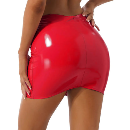 Glossy Patent Leather Miniskirt for Womens Solid Color Elastic Waistband Pencil Skirt Music Festival Costume Daily Wear Clubwear