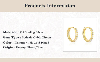 6/7/8/9mm Real 925 Sterling Silver Zircon Hoop Earrings for Women Huggie Earring Piercing Earings Jewelry Pendientes