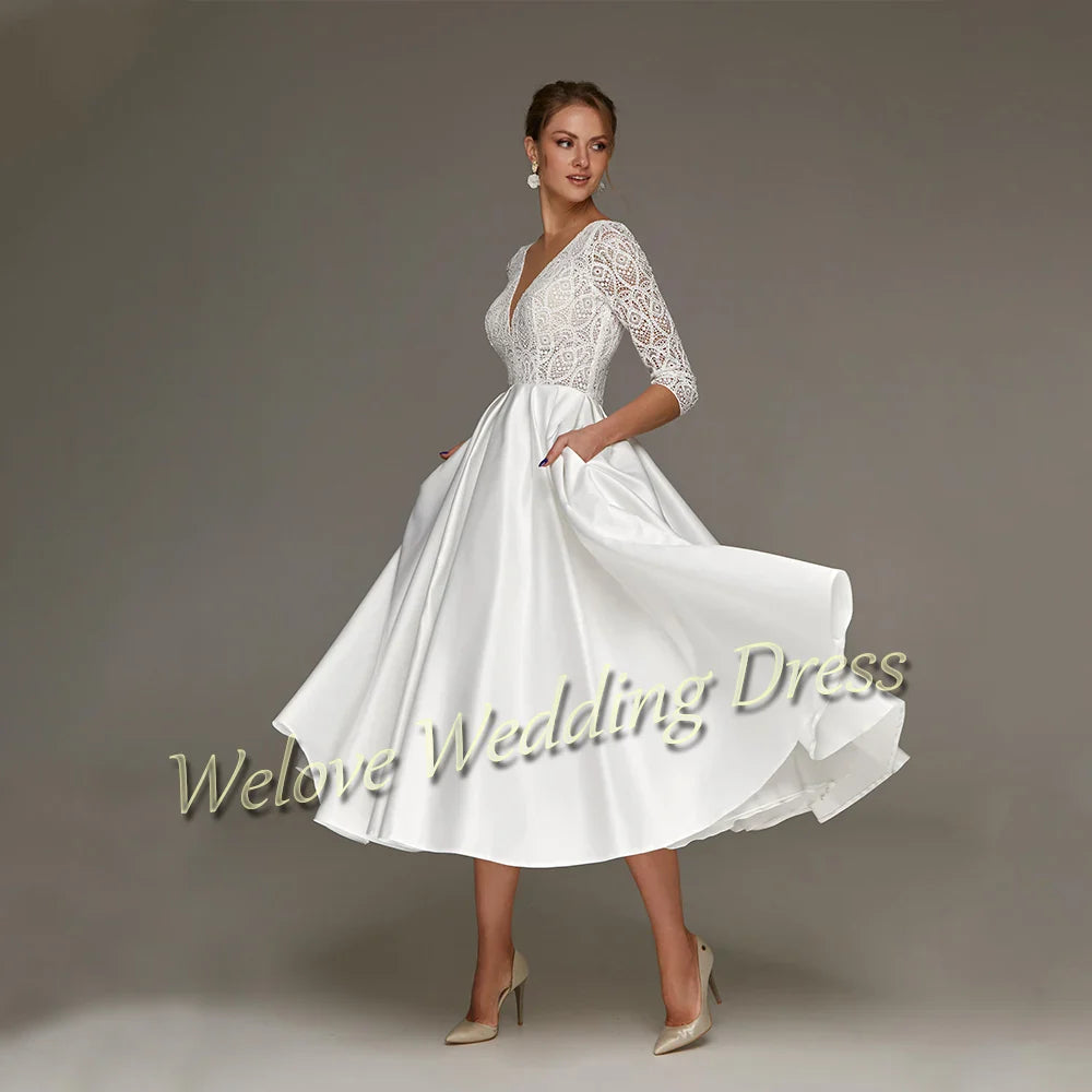 Tea Length Satin Wedding Dress A Line 3/4 Sleeve Lace Simple White Civil Short Bridal Gown Custom Plus Size Robe De Marirage