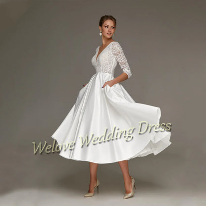 Tea Length Satin Wedding Dress A Line 3/4 Sleeve Lace Simple White Civil Short Bridal Gown Custom Plus Size Robe De Marirage