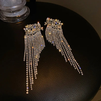New Long Tassel Geometric Drop Earrings for Women Oversize Flowers Crystal Dangle Earrings Statement Jewelry