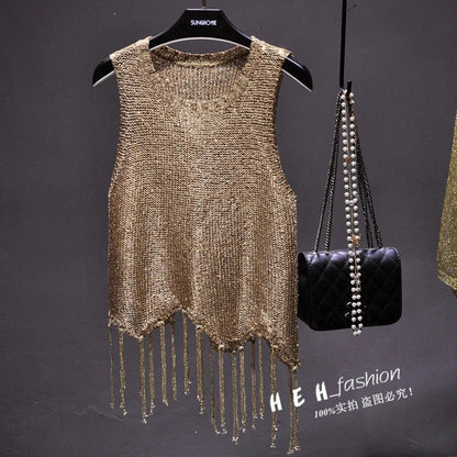 Sexy Shiny Gold Silver Knitted Tank Tops Women Bling Bling Sequined Tassels Knitted Vest  All Neon Store Clothes  Korean