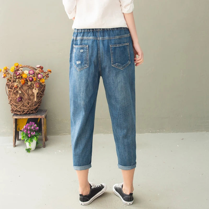 Summer Women Vintage Floral Loose Denim Pants Chinese Style Casual Ripped Blue Jeans Holes Elastic Harem Trousers