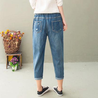 Summer Women Vintage Floral Loose Denim Pants Chinese Style Casual Ripped Blue Jeans Holes Elastic Harem Trousers