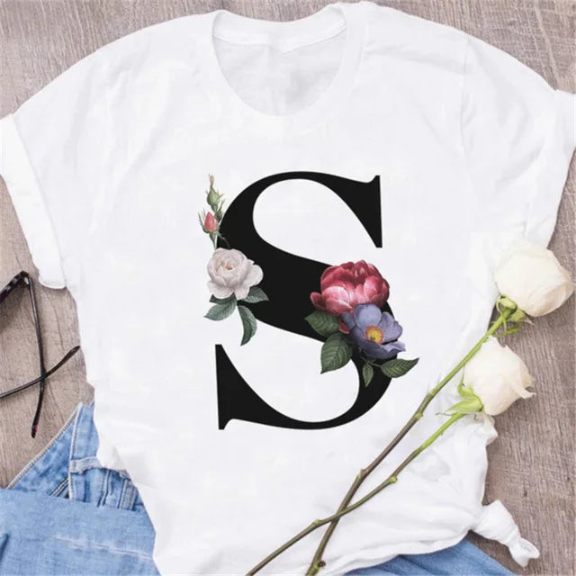 A B C D E English Alphabet Print T Shirt Women New Summer Couples Lovers Female T-Shirt Harajuku Casual Black Tops Tshirts