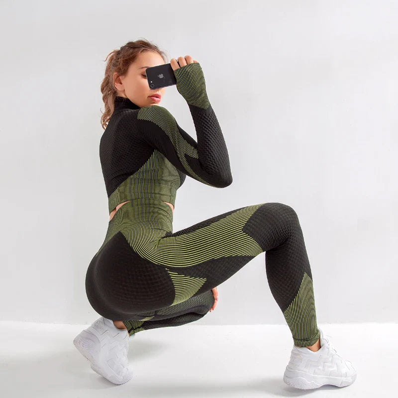 2/3Pcs Women Yoga Suit Seamless Knitted Yoga Pants Leggings Clothing Zipper Long Sleeve Crop Top Fitness Wear Sportswear Gym Set