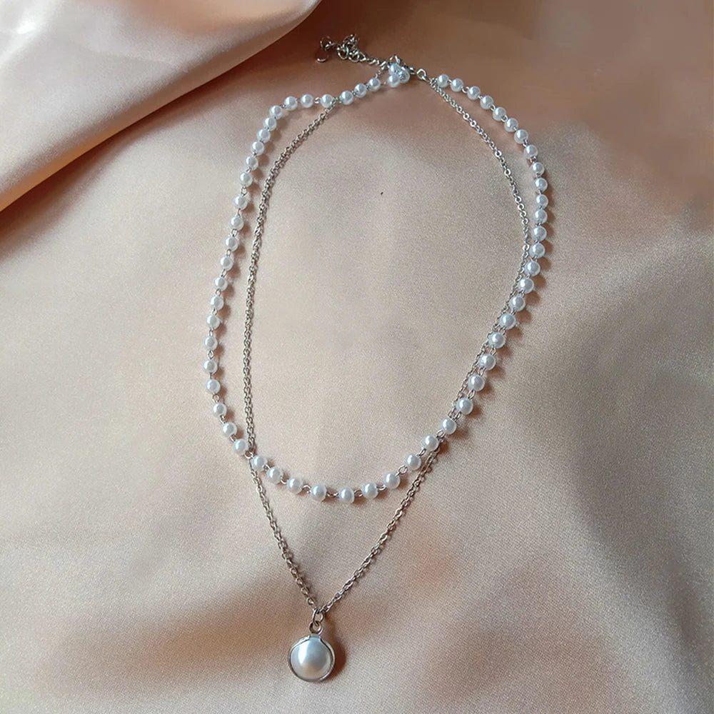 Fashion Kpop Pearl Choker Necklace Cute Double Layer Chain Pendant For Women Jewelry Girl Gift