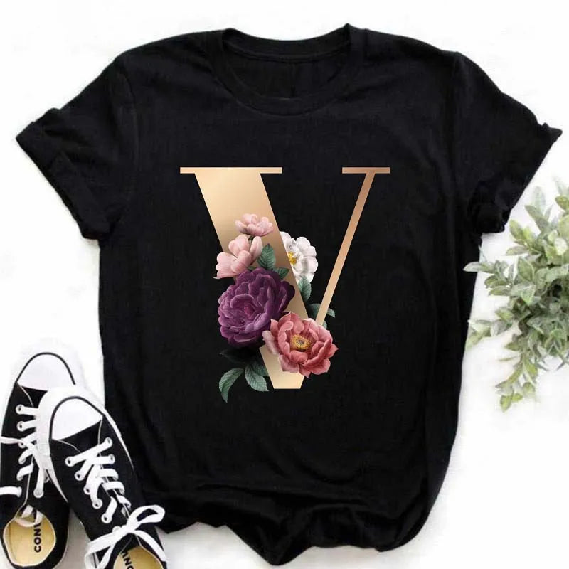 A B C D E English Alphabet Print T Shirt Women New Summer Couples Lovers Female T-Shirt Harajuku Casual Black Tops Tshirts