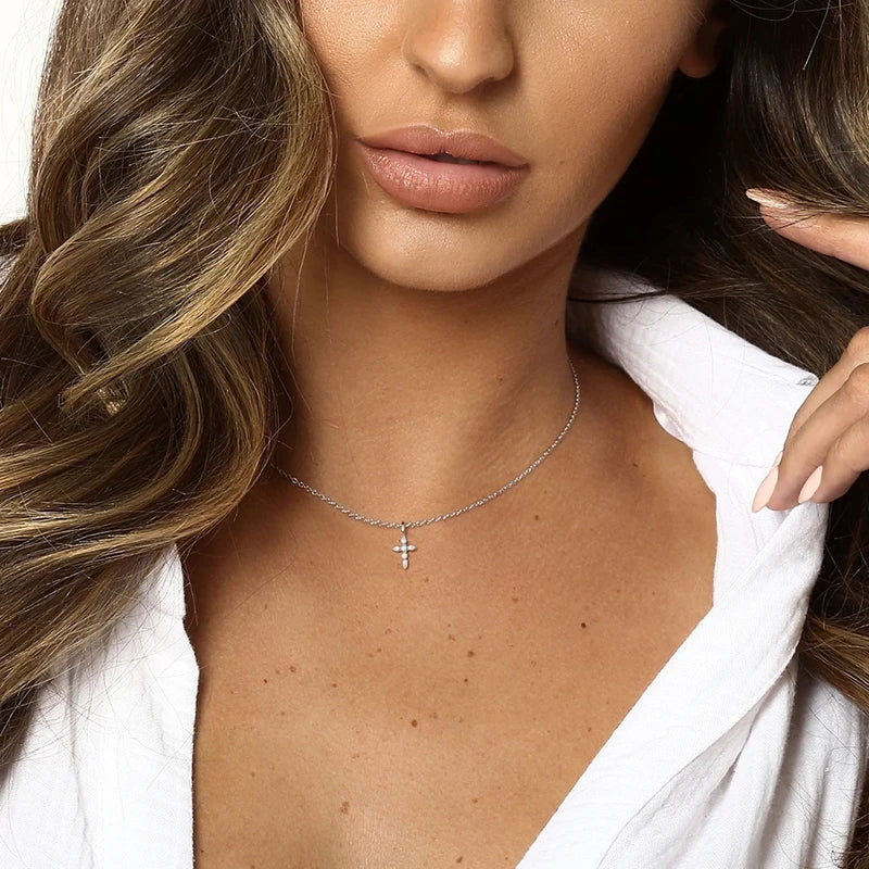 925 Sterling Silver Necklaces Charms for Women Crystal Cross Clavicle Collar Chain Simple Choker Necklace Accessories Gift