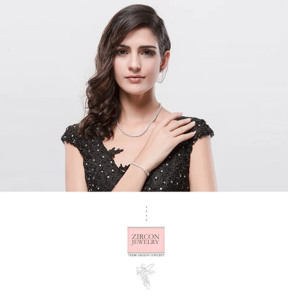 Silver Color 3 Prong Round Cubic Zirconia Necklace Earring Bridal Jewelry Set Simple Design Bride Wedding Accessories