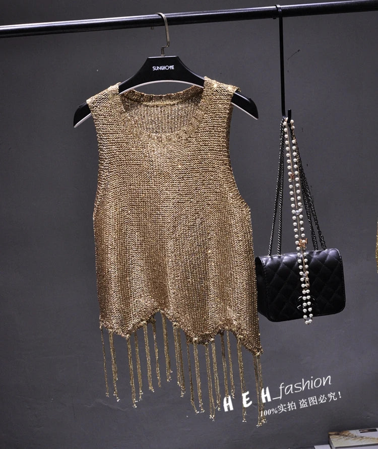Sexy Shiny Gold Silver Knitted Tank Tops Women Bling Bling Sequined Tassels Knitted Vest  All Neon Store Clothes  Korean