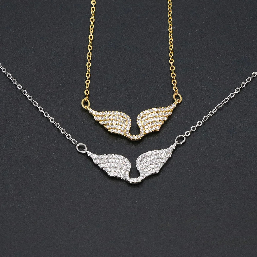 Delicate Women 24K Gold Plated Zircon Angel Wing Chain Pendant Necklace