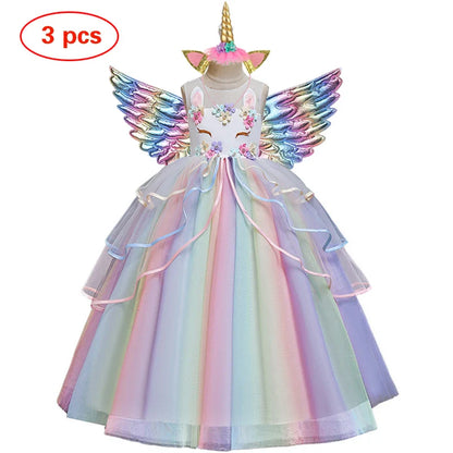 Vestido Longo de Festa de Casamento Unicórnio Arco-Íris para Menina Vestido de Performance de Dança de Personagem de Unicórnio para Festa de Aniversário de Menina Conjunto de Três Peças