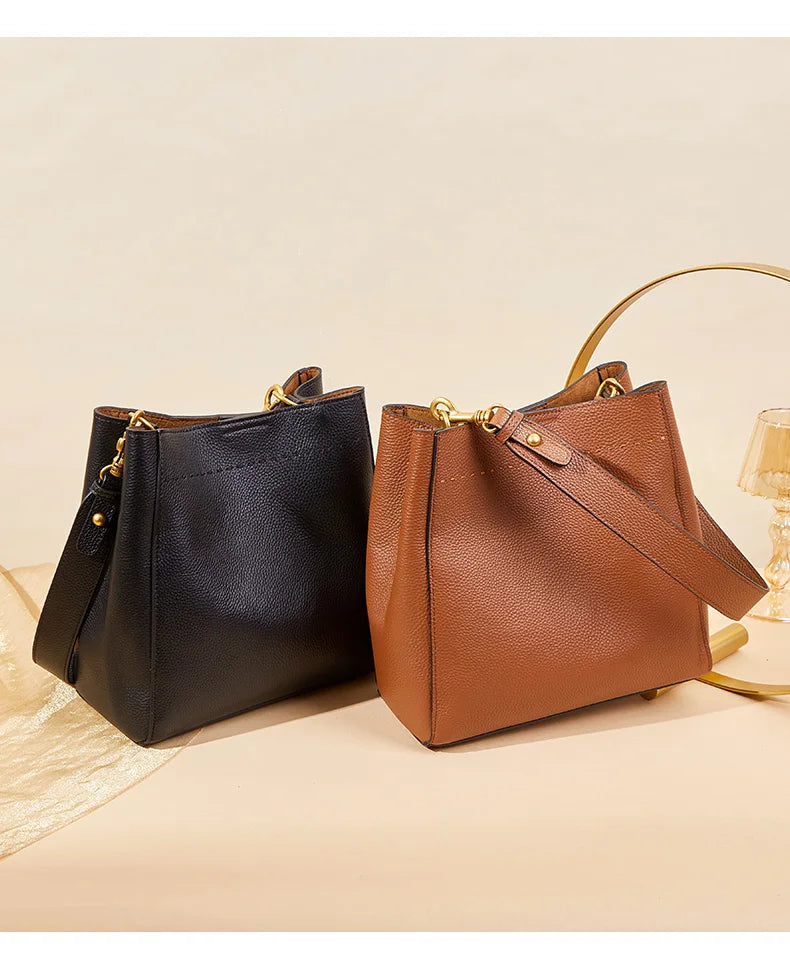 Genuine Leather Casual Shopper Shoulder Bag Commuter Large Bucket Handbag Simple High Quality Women Tote Underarm Bags
