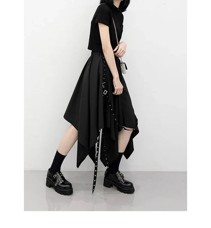 Irregular Skirt Girl's New Dark Tie Street Punk Wind Weave Buckle Medium-length Y2k Gothic Long Skirt