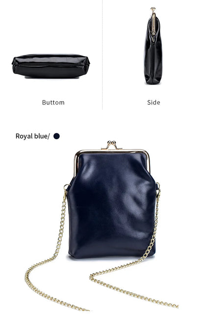 Vintage Genuine Leather Women Clip Bags Small Chain Crossbody Bag Fashion Kiss Lock Phone Bags High Quality Daily Purse Bag