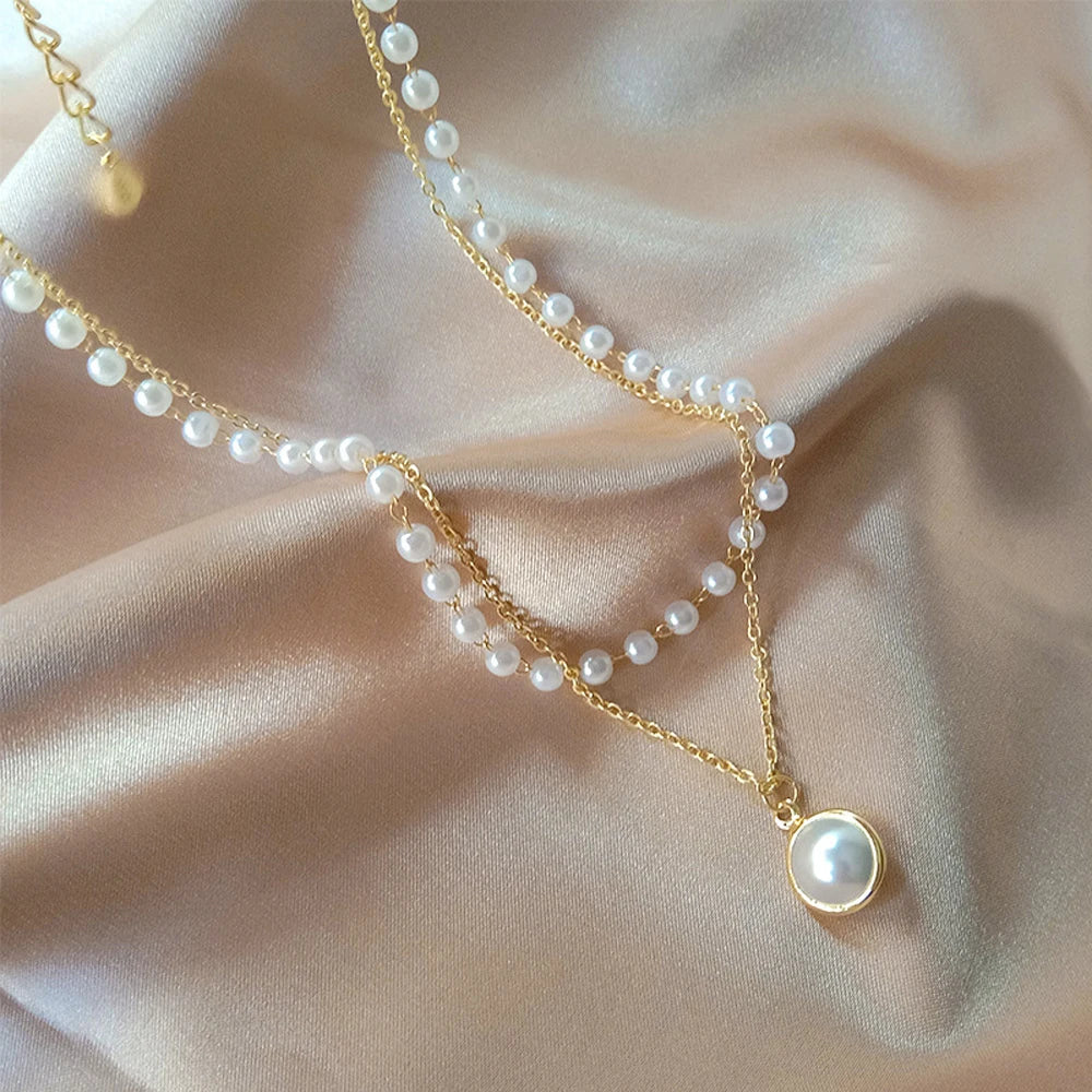 Fashion Kpop Pearl Choker Necklace Cute Double Layer Chain Pendant For Women Jewelry Girl Gift