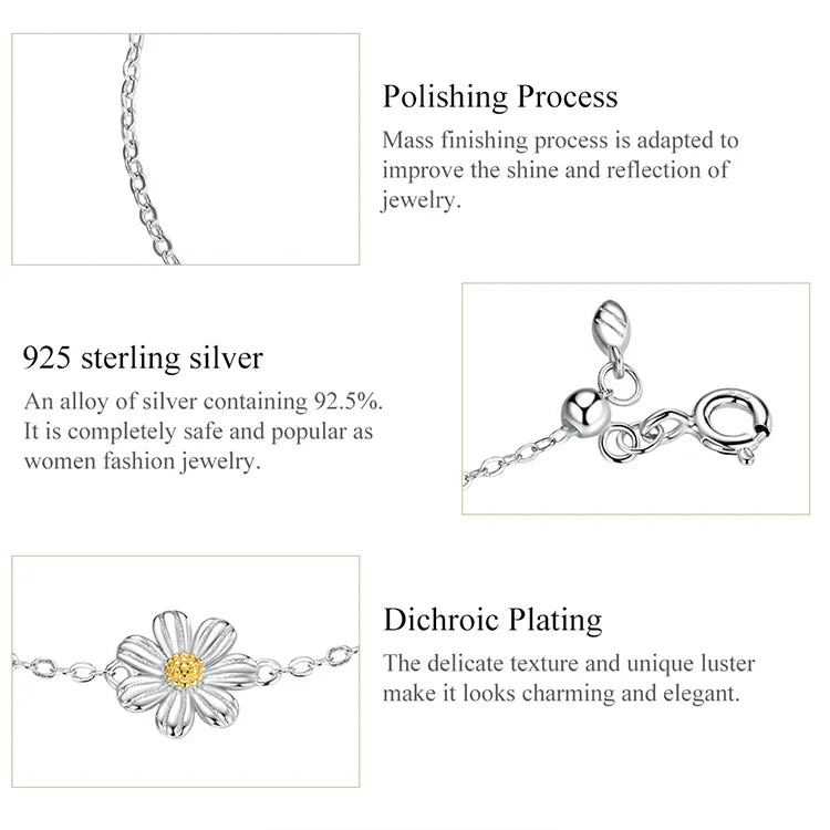 Daisy Flower Link Bracelet for Women Genuine 925 Sterling Silver Fresh Lovely Gifts Anti-allergy Gift Fine Jewelry SCB165