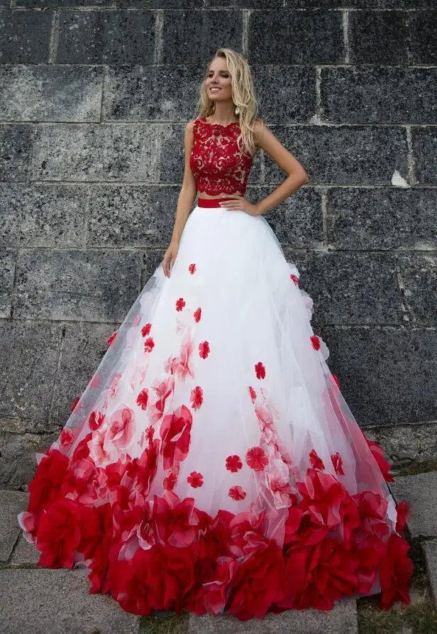 Bohemian Flower White Red Lace Tank Wedding Wedding Dresses Two Piece Beach Wedding Dresses Bridal Gown Romantic Button