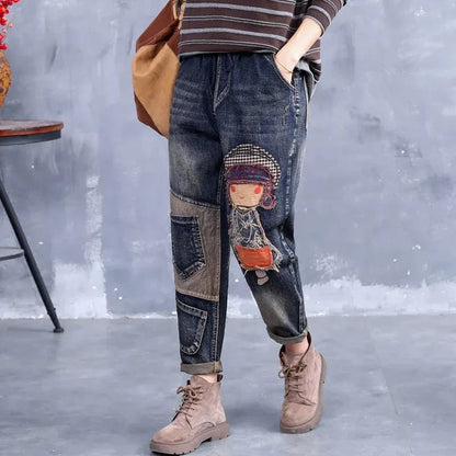 Women Embroidery Retro Denim Jeans