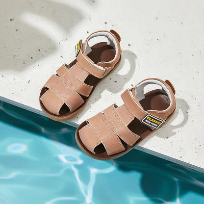 Children frosted genuine leather beach sandals boys barefoot non-slip sandals with cowhide lining baby soft Navy blue sandals